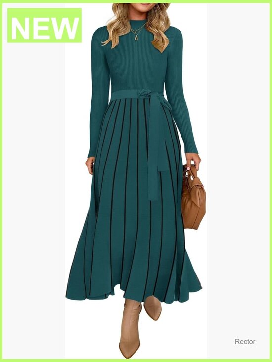Dresses & Skirts - Long Sleeve Turtleneck Sweater Dress Tie Waist Ribbed Knit A-Line Midi